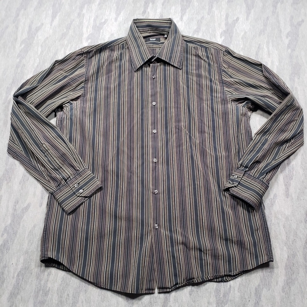 Boss Hugo Boss Shirt Mens 17 1/2 Green Striped Long Sleeve Button Up